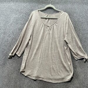 Garnet Hill Organic Linen Henley Tunic‎ Top Women XL Tie Sleeve Casual Relaxed